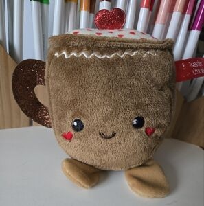 Heart hot chocolate plush cup dan dee 8" Stuffed Toy brown smile face glitter
